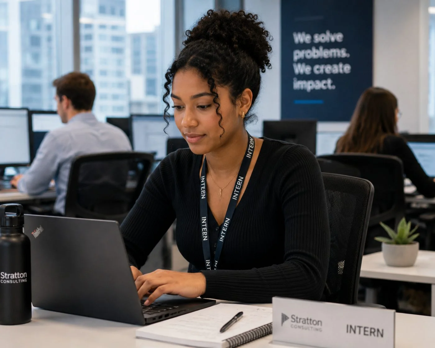 Intern working at a laptop in a consulting office