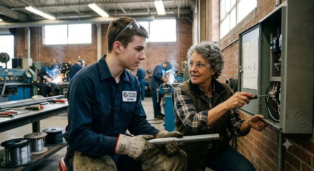 Young intern working with a mentor in a skilled trades workshop